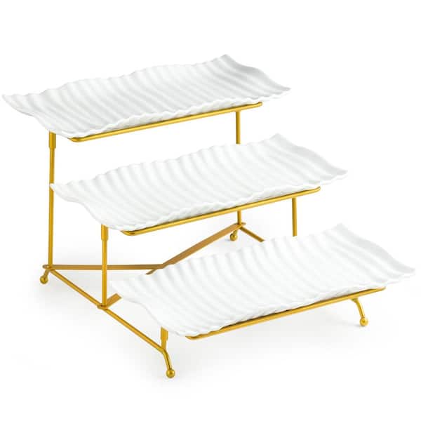 3-Tier Collapsible Porcelain Serving Tray Stand 12.2 in. Gold Ripple Texture Dessert Display Set of 3