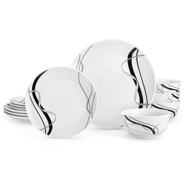 VEWEET 12-Piece White Porcelain Dinnerware Set (Service for 4) Ribbon Pattern Bowls and Plates Set