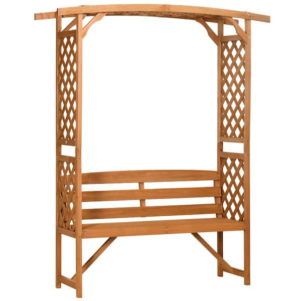 Brown Wood Plant Trellis, Arbor Arch with 3 Seat Garden Bench