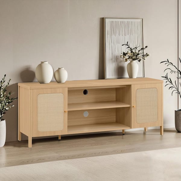 Aaron Oak TV Stand Fits TVs up to 70 in. with 2 Storage Cabinets and 2-tier open shelf ,Soft-Close Hinges,Cable Ports