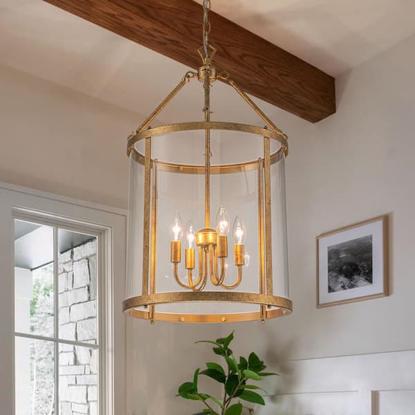 Ellison Industrial 4-Light Brass Lantern Geometric Chandelier with Glass Shade