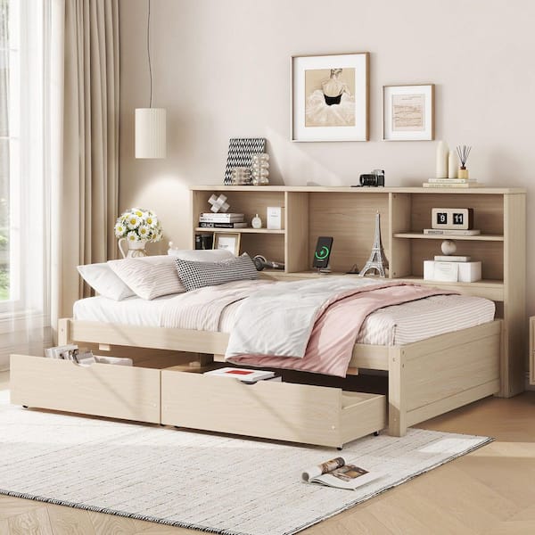 Natural Twin Size Daybed with Side Bookshelves and Built-in USB Port