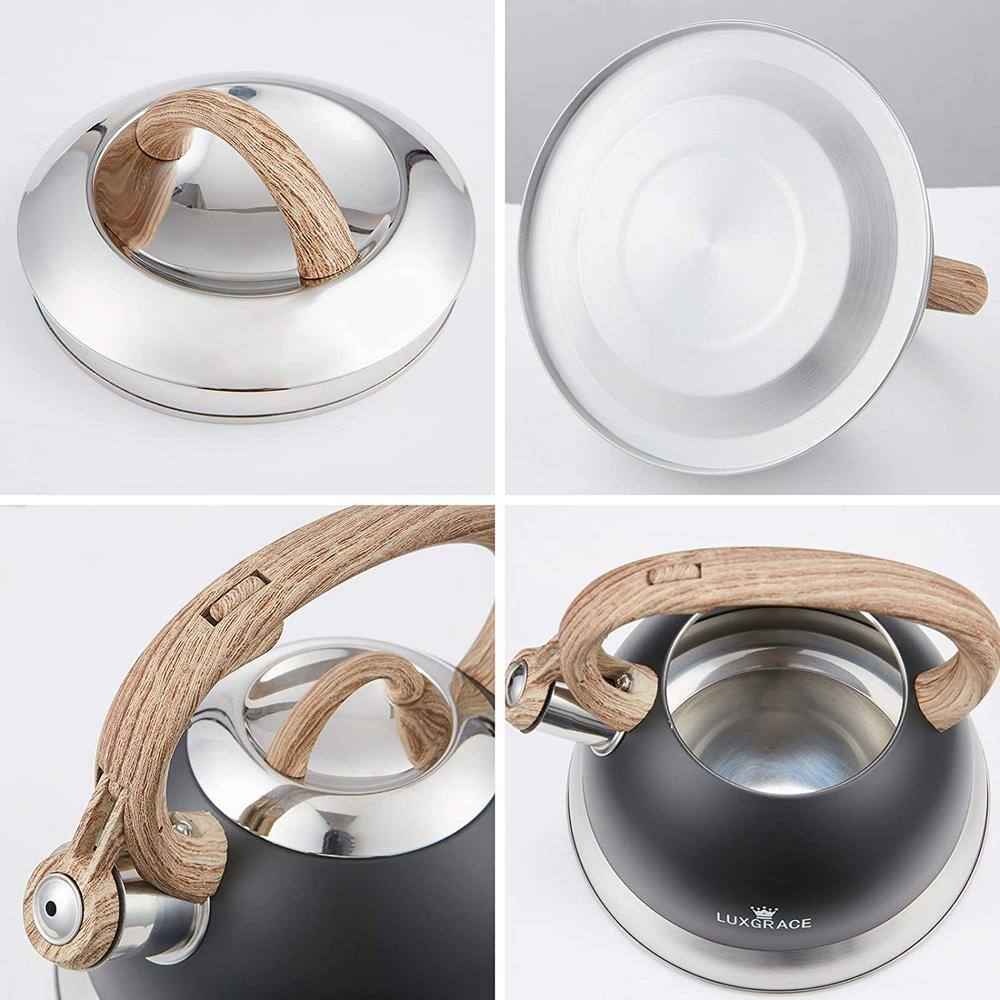 Opaque Black Stainless Steel Whistling Tea Kettle with Wood Handle