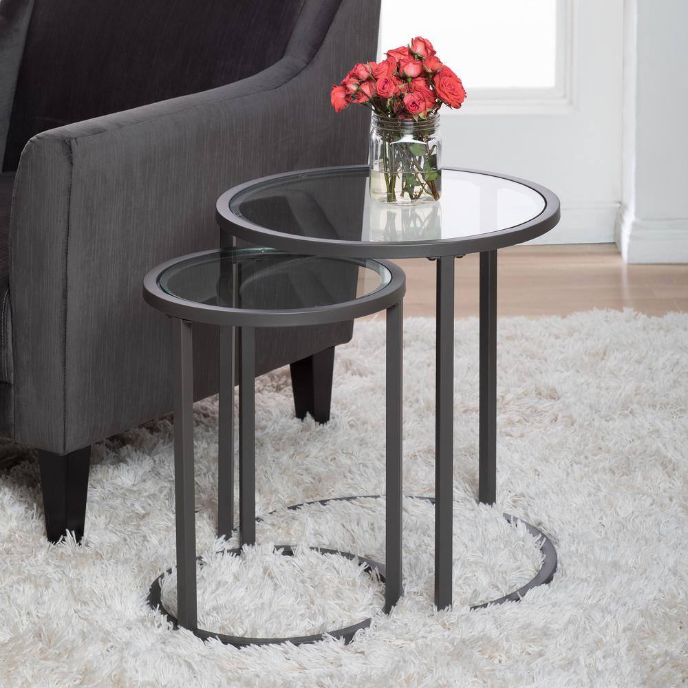 Camber Pewter Metal and Glass Round Nesting Table Set