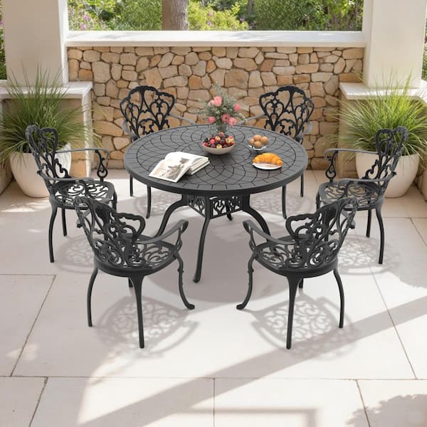 7-Piece Black Cast Aluminum Outdoor Dining Set with Off-White Cushions