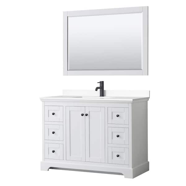 Wyndham Collection Avery 48 in. W x 22 in. D x 35 in. H Single Bath Vanity in White with White Cultured Marble Top and 46 in. Mirror