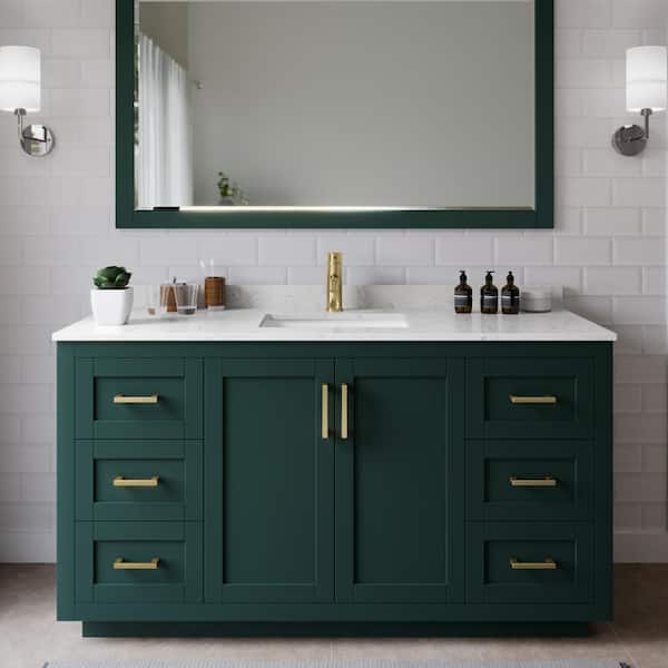 Wyndham Collection Miranda 60 in. W x 22 in. D x 33.75 in. H Single Sink Bath Vanity in Green with Carrara Cultured Marble Top and Mirror