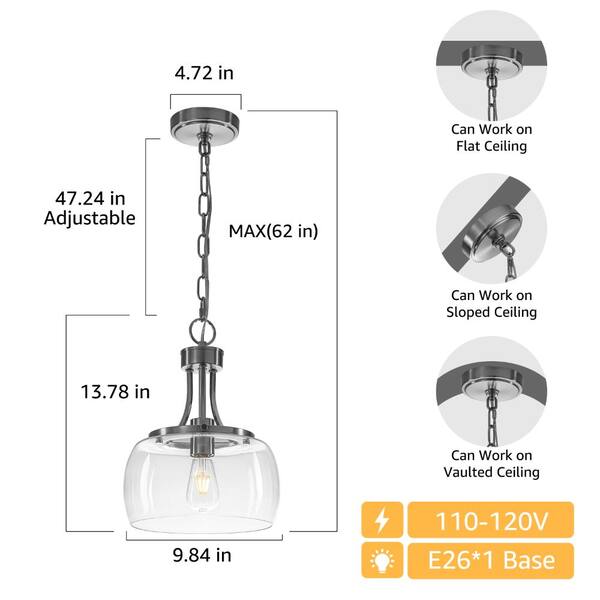 GoYeel 9.8 Inch Modern Farmhouse Nickel Glass Pendant Light With