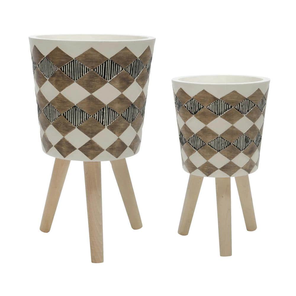 Polyrattan S/2 10/12 in. Diamond Planter W/ Wood Legs, Brown(KD)