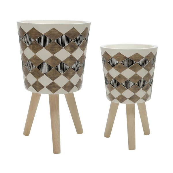 Cubilan Polyrattan S/2 10/12 in. Diamond Planter W/ Wood Legs, Brown(KD)