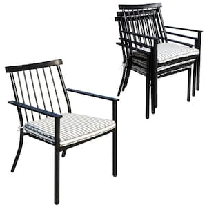 Matte Black Metal Outdoor Dining Chair with White and Blue Cushions (4-Pack)