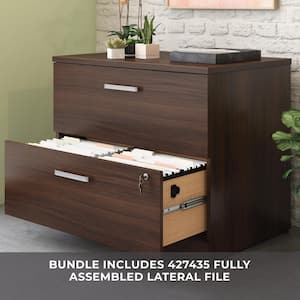 Affirm 71.102 in. 36 in. D, Noble Elm Bowfront Desk with (Fully Assembled) 2-Drawer Lateral File Cabinet