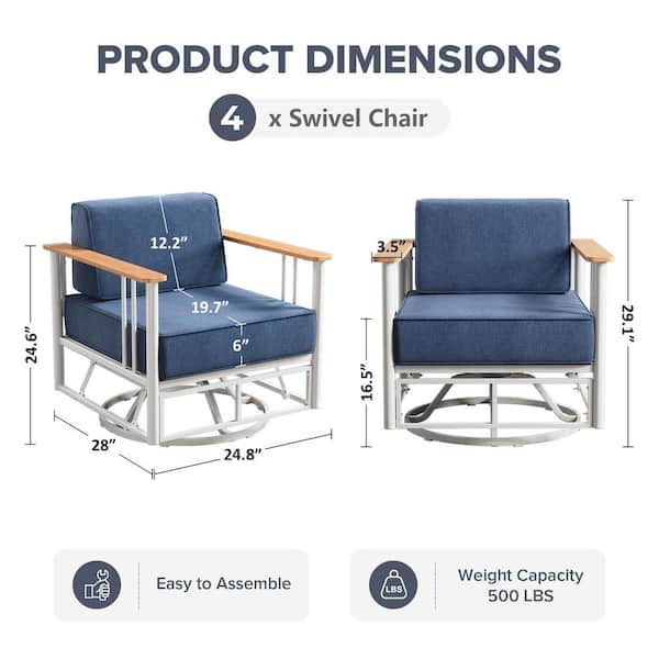 Minimalism White Metal Outdoor Patio Conversation Rocking Chair Swivel Glide with Blue Cushions (4-Pack)