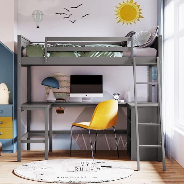 Gray Twin Wood Loft Bed with Shelves and Desk