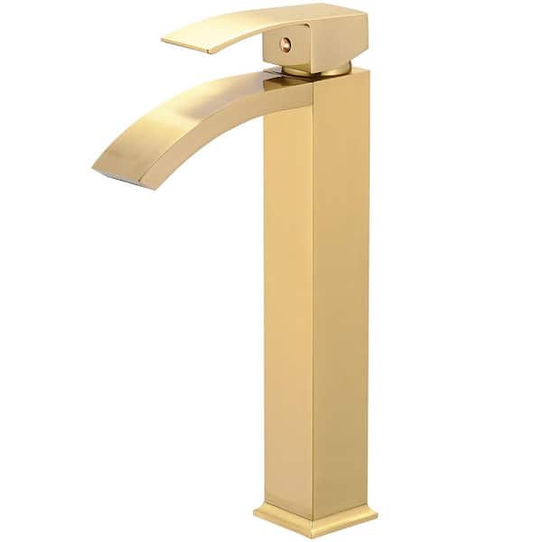 HOMEMYSTIQUE Single Handle Waterfall Vessel Sink Faucet with Drain Kit Included in Brushed Gold