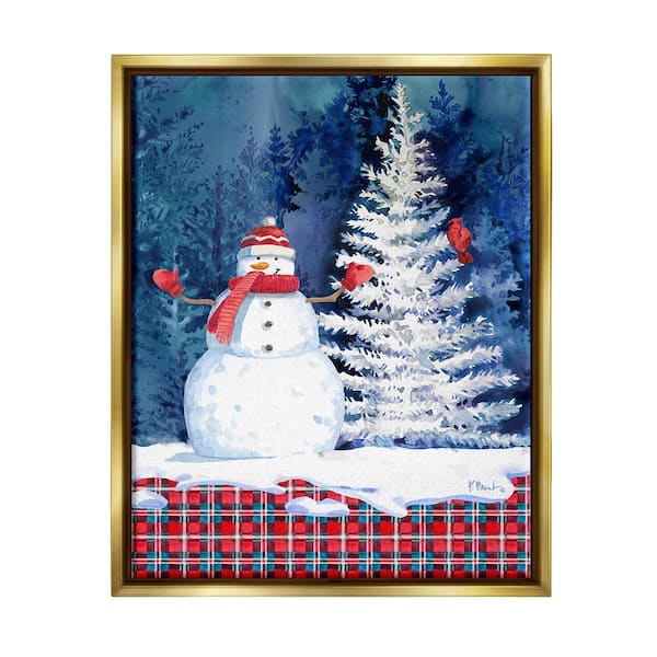 Stupell Industries Winter Snowman on Plaid by Paul Brent 1-Piece Floater Frame Graphic Print Nature Poster Art Print 21 in. x 17 in.