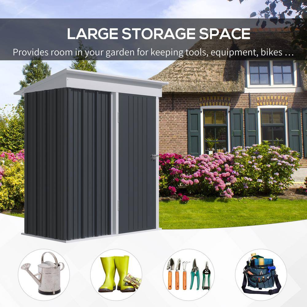 Dark Gray Metal Outdoor Storage Shed with Shelving