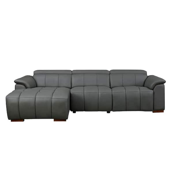 Dark Grey Genuine Leather L-Shape Wall-Hugger Reclining Sofa with Electric Control, USB Port, Adjustable Headrest