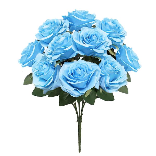 LIVING LUXURY 18 in. Deluxe Baby Blue Artificial Queen Rose Flower Stem Bush Bouquet (Set of 2)
