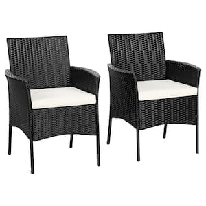 2-Piece Weather Resistant PE Wicker Steel Patio Outdoor Dining Chair with Off White Cushions