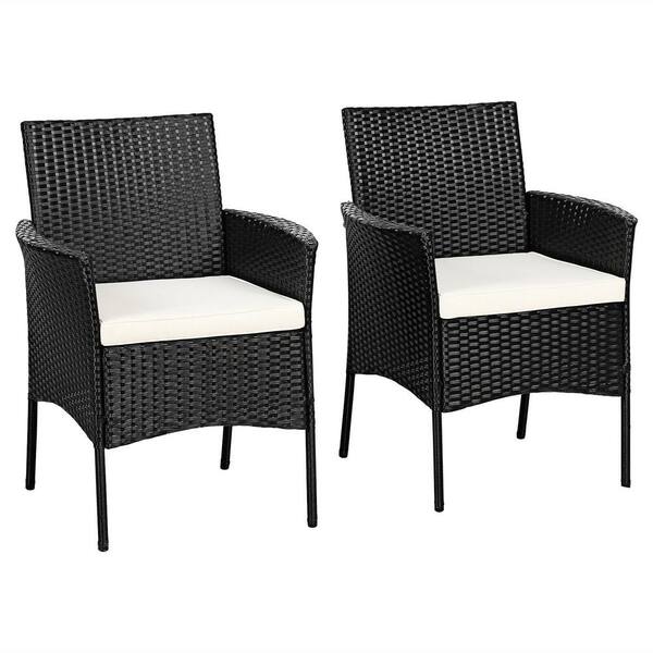ANGELES HOME 2-Piece Weather Resistant PE Wicker Steel Patio Outdoor Dining Chair with Off White Cushions