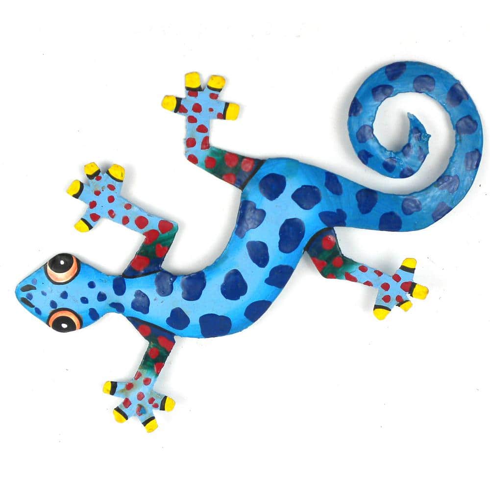 8 in. Blue-Greens Blue with Blue Dots Painted Gecko Recycled Haitian Metal 