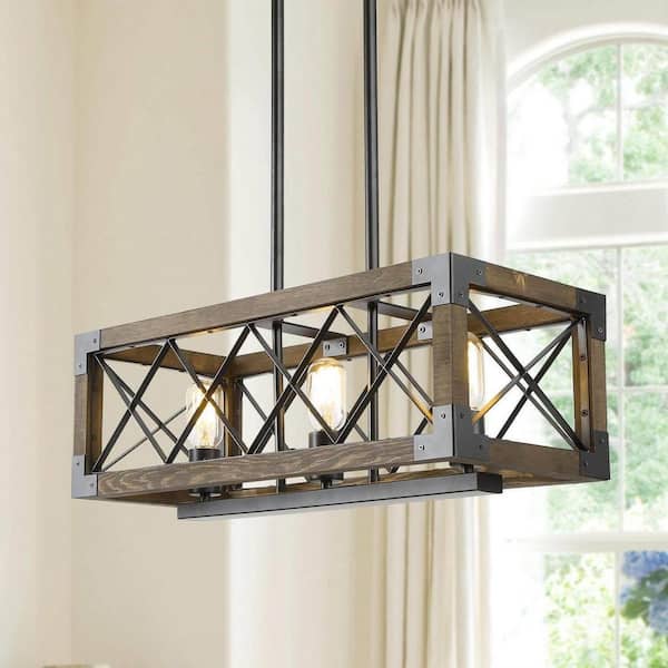LNC Modern Farmhouse Black Island Chandelier 3-Light with Rectangular Wood Linear Cage Kitchen Dining Room Hanging Light