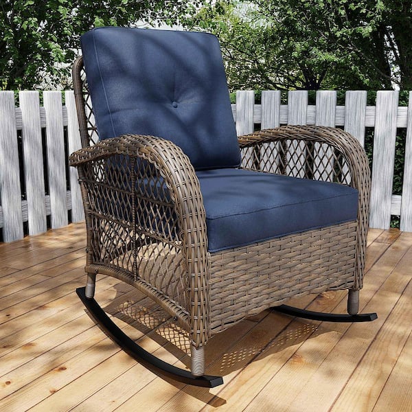 Wicker Patio Outdoor Rocking Chair with Blue Cushions
