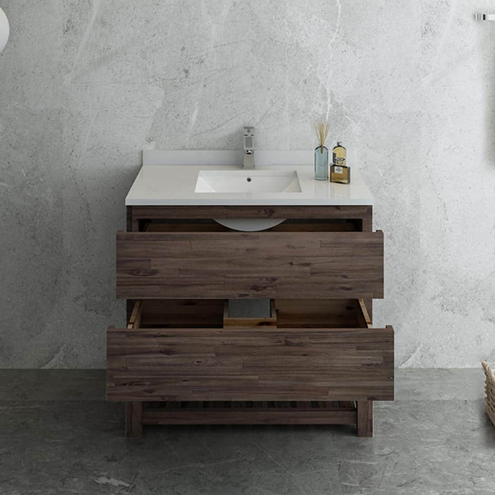 Elegant Acacia Wood 36" Vanity with Quartz Top and Open Shelf