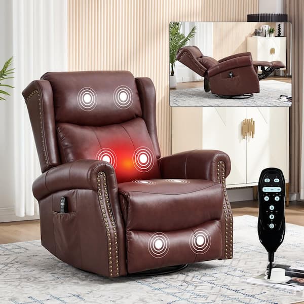 Wine Red Genuine Leather Manual Swivel Glider Recliner Chair with Massage and Heat, Nailhead Trim, Side Pocket
