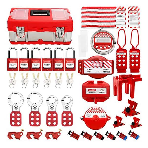 90-Pack Red Toolbox Electrical Lockout Tagout Kit 16 x 8 x 7.3 in. Safety Padlocks Breaker Lockout Hasps Tags Ties