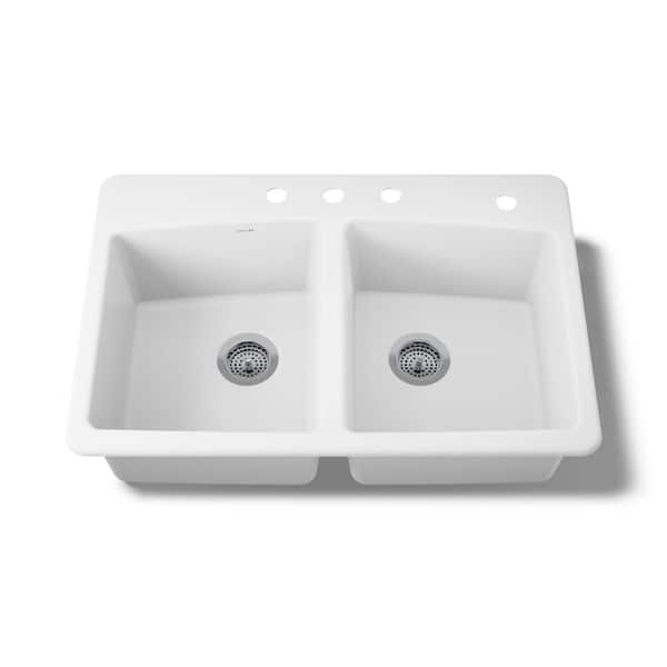 Brookfield White Cast Iron 33 in. 4-Hole Double Bowl Drop-in Kitchen Sink