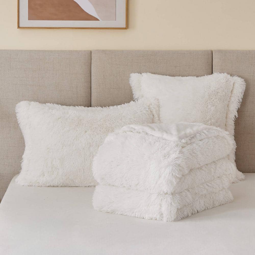 Full White Shaggy Faux Fur Comforter Set