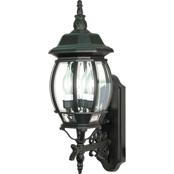 SATCO 3-Light - 22 in. Wall Lantern Sconce with Clear Beveled Glass Textured Black