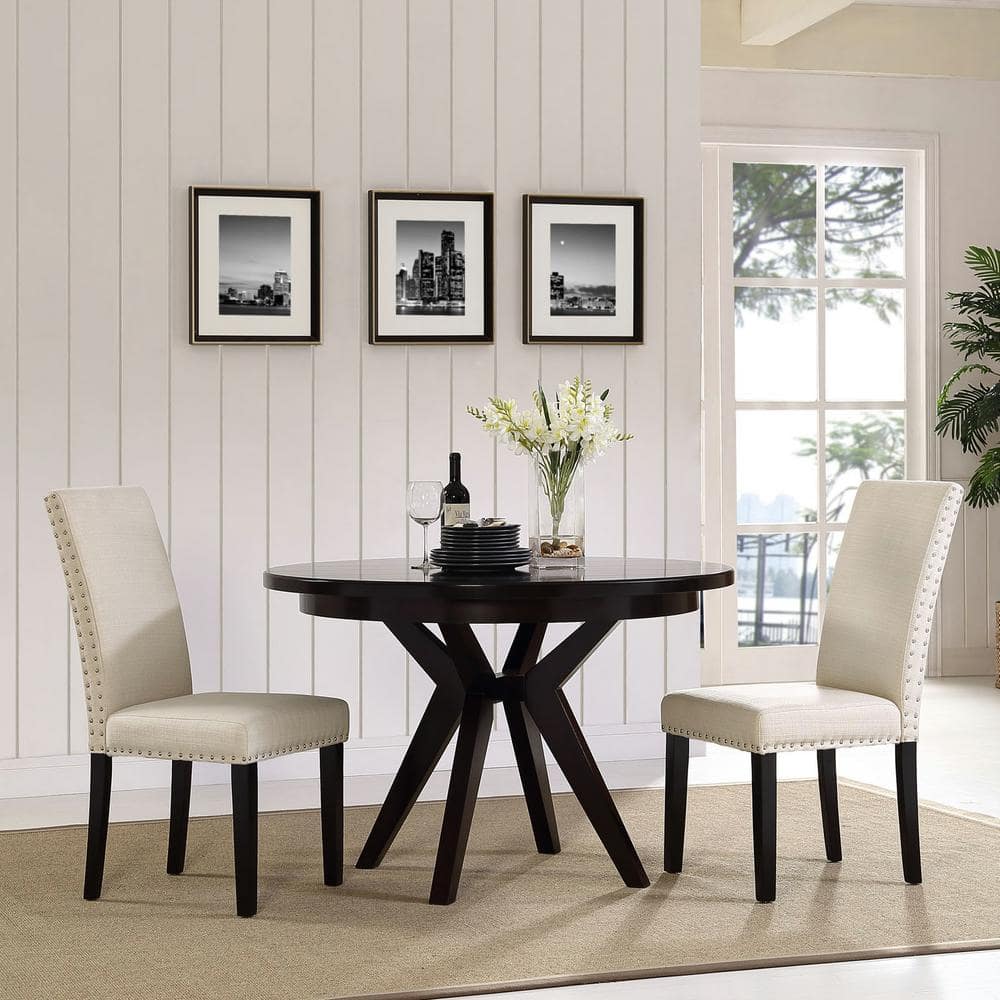 Beige Upholstered Parsons Side Chair with Nailhead Trim