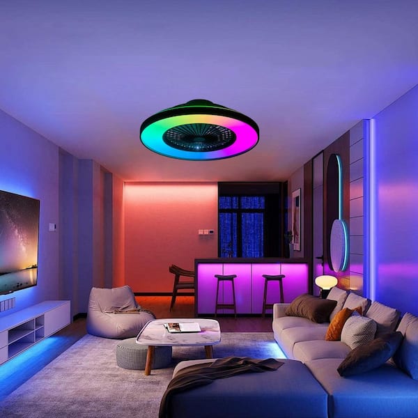 19 in. Black and White Flush Mount Fan Light with Remote and APP Control, LED Color Changing Ceiling Light