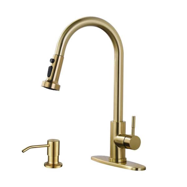 Single Handle Pull Down Sprayer Kitchen Faucet with 3-Mode Sprayer and Soap Dispenser in Brushed Gold