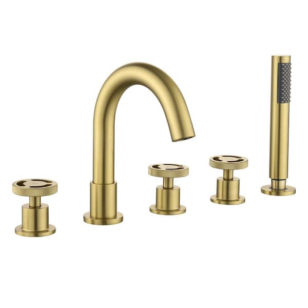 PERLIRIA INC 3-Handle 5-Holes Deck Mount Roman Tub Faucet with Hand Shower, Round Bathtub Shower Faucet in. Brushed Gold