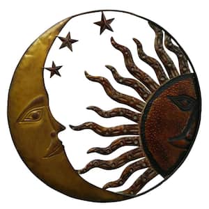 Rustic Gold, Bronze Round Metal 21 in. Handcrafted Sun and Moon Accent Wall Mount Wall Decor