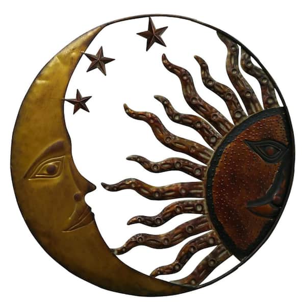 Afoxsos Rustic Gold, Bronze Round Metal 21 in. Handcrafted Sun and Moon Accent Wall Mount Wall Decor