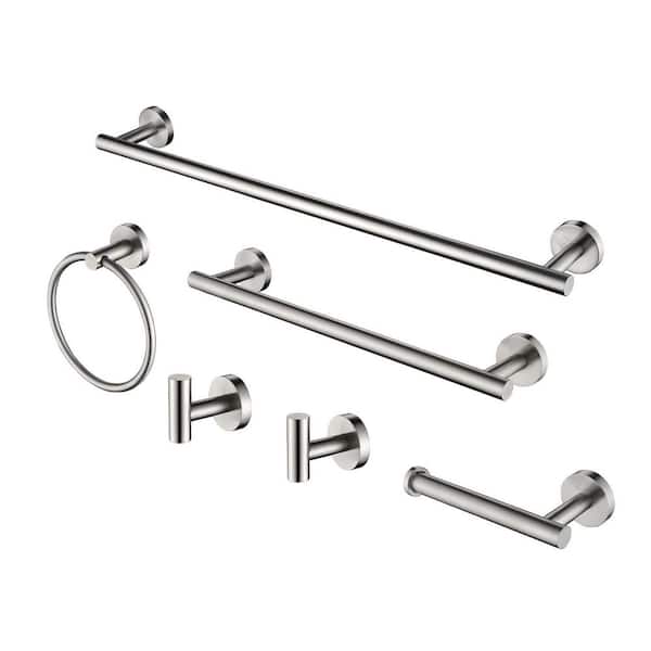 23.6 in. Wall Mounted Stainless Steel Bathroom Towel Bar Set in Brushed Nickel for Bathroom 6-Piece