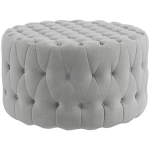 Light Gray Round Velvet-Feel Upholstered Foot Stool Ottoman, with Button Tufted Design and Padded Seat for Living Room