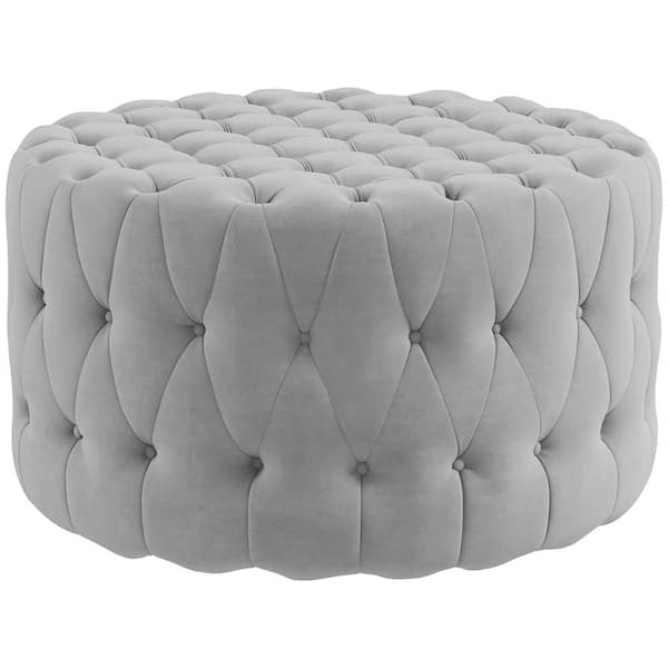 HOMCOM Light Gray Round Velvet-Feel Upholstered Foot Stool Ottoman, with Button Tufted Design and Padded Seat for Living Room