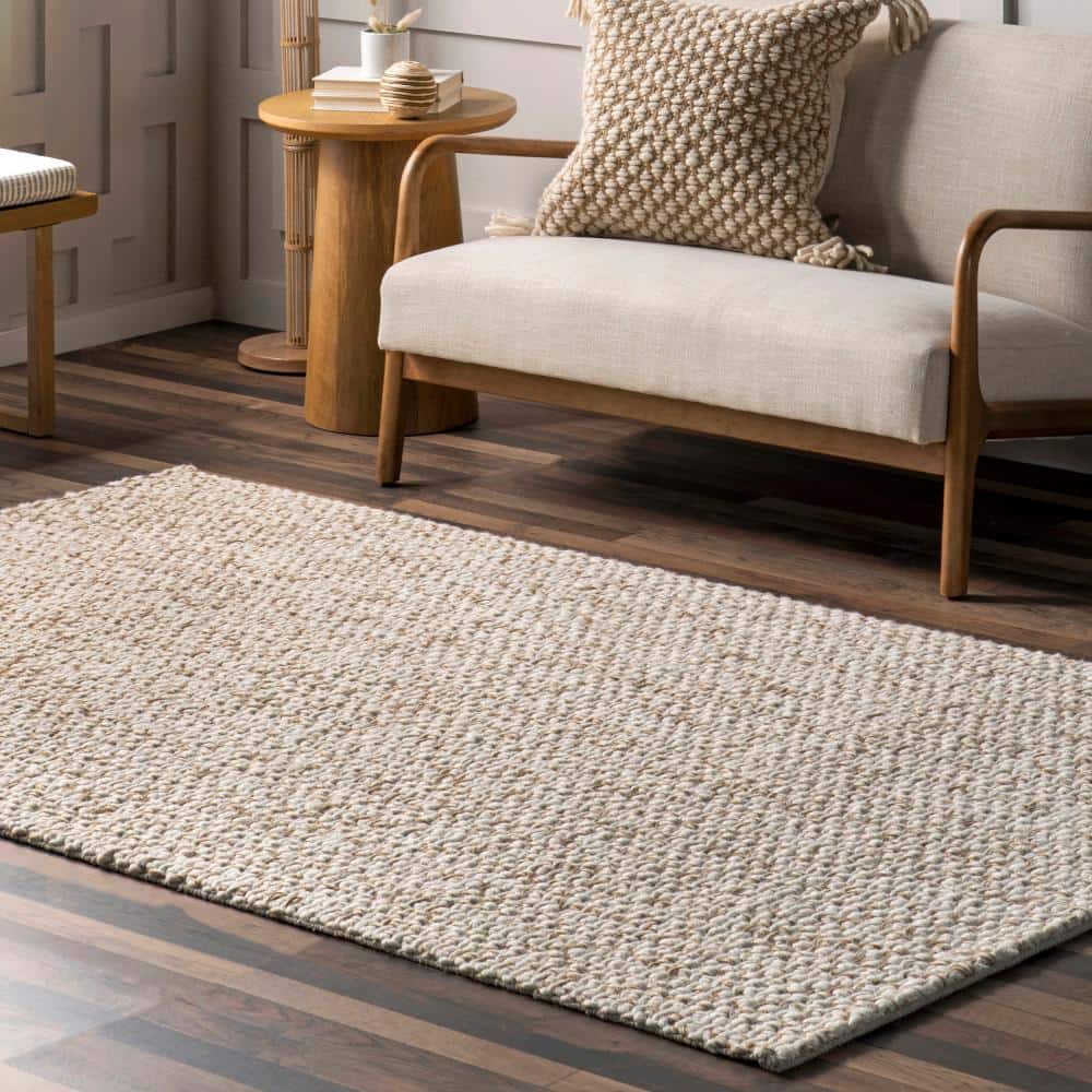 Ivory Flat Woven Wool Blend Round Area Rug