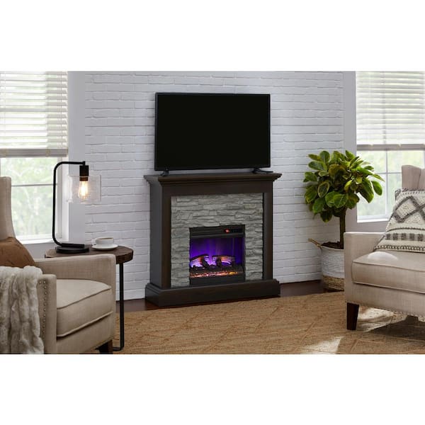 StyleWell Whittington 40 in. W Freestanding Electric Fireplace with Gray Faux Stone in Weathered Brown