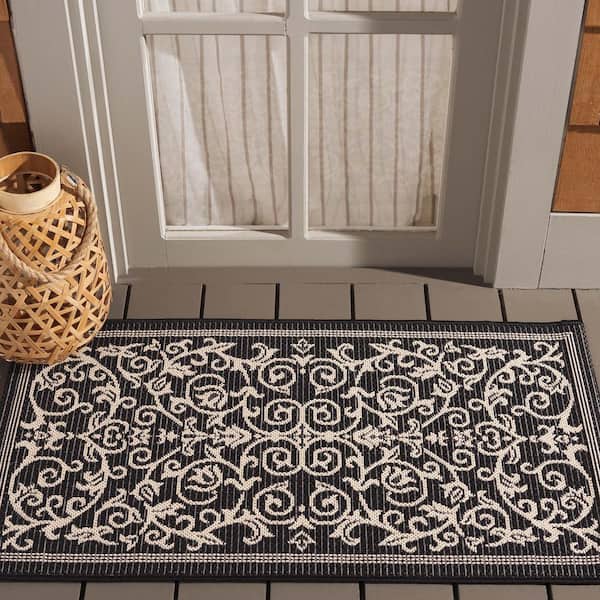 Courtyard Black/Sand Doormat 2 ft. x 4 ft. Border Indoor/Outdoor Patio Area Rug