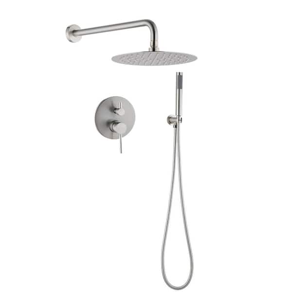 cadeninc Complete Shower System 1-Spray Patterns with 2 GPM 10 in. Wall Mount Dual Shower Heads in Brushed Nickel