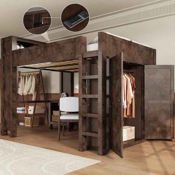 Brown Queen Size Loft Bed with Storage Shelves on Top Bed, Desk, Wardrobe, Open Cabinet, USB Sockets