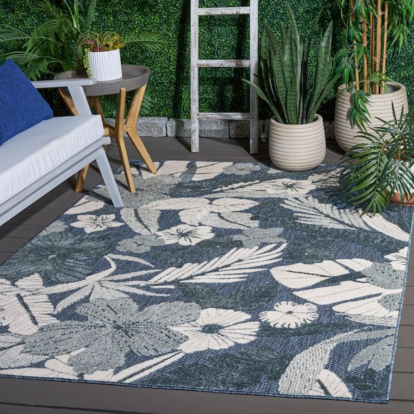Cabana 4 x 6 Blue/Ivory Leaf Area Rug