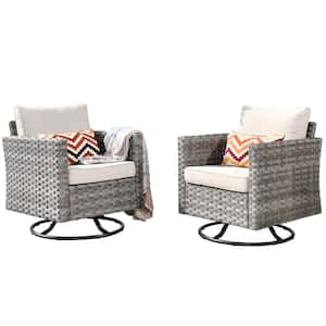 Tahoe Grey Swivel Rocking Wicker Outdoor Patio Lounge Chair with Beige Cushions (2-Pack)